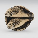 Japanese Sperm Whale Bone Signed Netsuke of Two Fish in Basket by Famous Otani Mitsutoshi