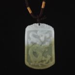 Chinese Carved White Green Jade Dragon Pendant on Braided Cord