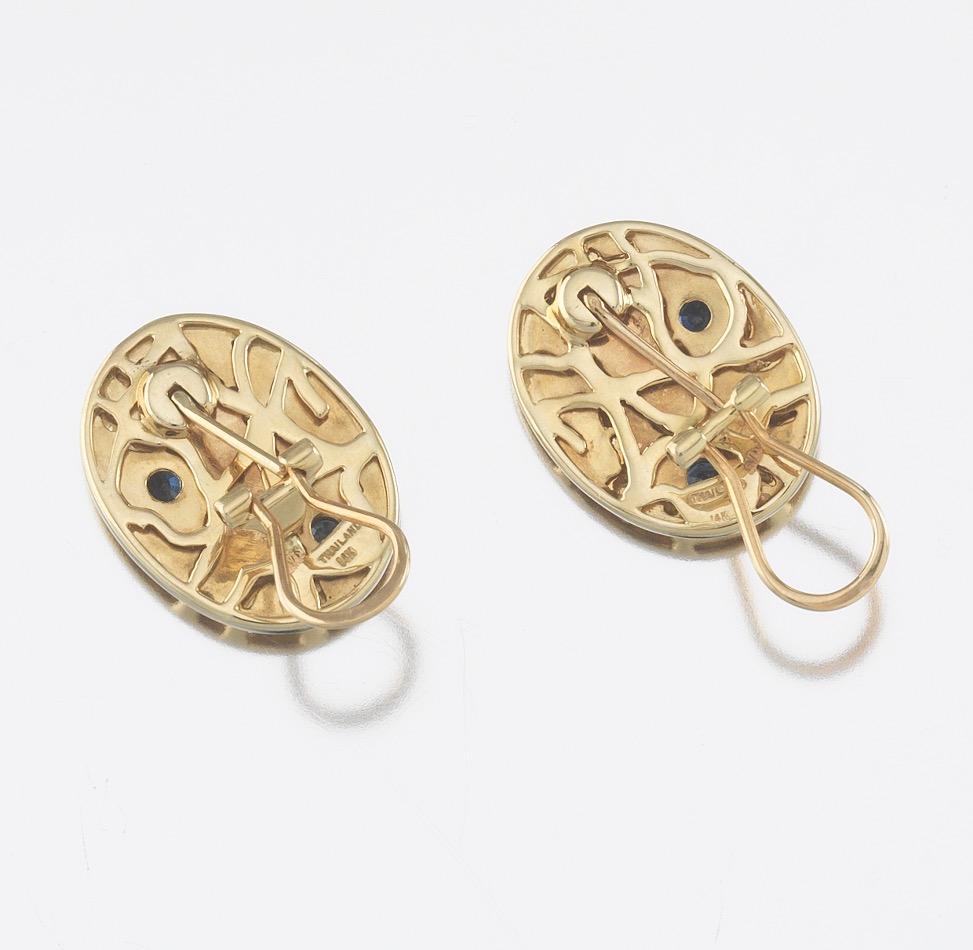 Pair of Gold, Sapphrie and Diamond Oval Foliate Earrings - Image 6 of 7