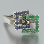 Modernist Gold, Sapphire, and Emerald Ring