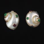 A Pair of MAZ Turbo Pearl and Gemstone Ear Clips