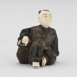 Japanese Warthog and Horn, Mother-of-Pearl Signed Netsuke of Man with Basket of Peaches by Lan Xian