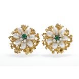 Pair of Gold, Pearl, Diamond and Emerald Earrings