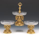 Belle Epoque d'Ore Bronze and Crystal Three-Piece "Hunting" Surtout De Table, ca. 1880's