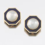 Pair of Gold, Lapis, and Mabe Pearl Earrings