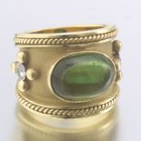 Ladies' MAZ Gold, Green Tourmaline and Diamond Byzantine Style Wide Band