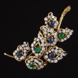 Exquisite French Ladies' Gold, Diamond, Blue Sapphire and Emerald Organic Pin/Brooch