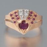 Ladies' Retro Gold, Ruby and Diamond Fan Plume Ring