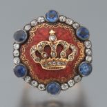 Victorian Gold, Blue Sapphire, Diamond and Guilloche Enamel "Royal Crown" Ring