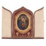 Our Lady of Perpetual Help Porcelain Hand Painted Plaque in Embossed Gilt Leather Travel Devotional
