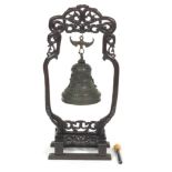 Chinese Late Qing Cast Bronze Bell with Taohuaxinmu Wood Stand