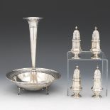 Four Cartier Sterling Salt and Pepper Shakers and Watson Sterling Silver Footed Dish with Trumpet V