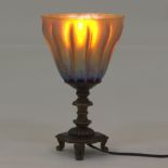 Art Nouveau Bronze Lamp Base, Stamped Tiffany Studios New York, with Peacock Gold Fluted Glass Shad
