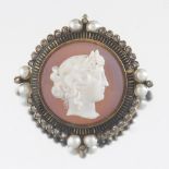 Antique Carved Agate Cameo, Pearl and Rose Cut Diamond Brooch