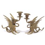 Two Renaissance Revival Brass Griffins/Dragons Candle Holders, Marked Tiffany & Co.