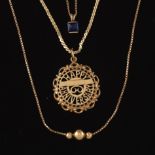 Three Ladies' Gold and Blue Sapphire Chains with Pendants