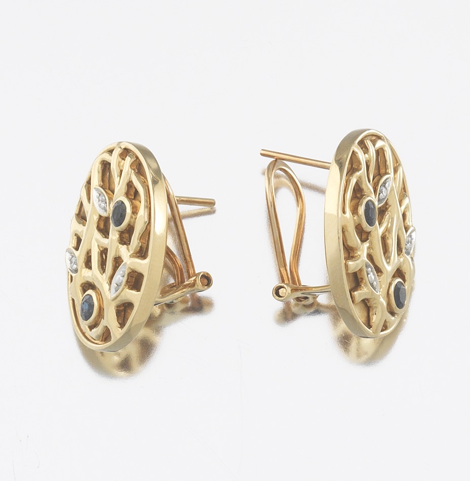 Pair of Gold, Sapphrie and Diamond Oval Foliate Earrings - Image 5 of 7
