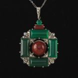 Ladies' Art Deco Wachenheimer Brothers Sterling Silver, Green Onyx, Carnelian and Marcasite Pendant
