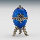 Faberge Style Russian Silver, Guilloche Enamel, Ruby and Garnet Easter Egg