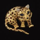 Italian Vintage Gold, Blue Sapphire, Diamond and Enamel 3D Leopard Pin/Brooch