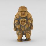 Japanese Warthog Signed Netsuke of "Hide and Seek" Man and Boy by Ichiryo