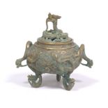 Chinese Bronze Verdigris Patinated Chilong Dragons Incense Burner, Apocryphal Xuande Seal Mark