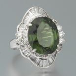 Large Platinum, Diamond and Green Tourmaline Ring