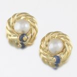 Vintage Gold, Mabe Pearl and Blue Sapphire Pair of Earrings