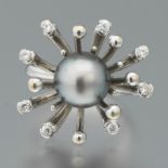 Ladies' Italian Gold, Tahitian Pearl and White Sapphire Chrysanthemum Ring