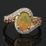 Ladies' Gold, Fire Opal, Pink Tourmaline and Diamond Bypass Ring