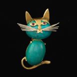 Italian Turquoise-Color Stone and Gold Cat Brooch