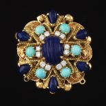 Retro Gold, Carved Lapis, Turquoise and Diamond Brooch