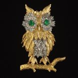 Large Gold, Diamond and Emerald Owl Brooch