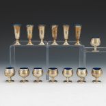 Eight Gorham Sterling Silver and Royal Blue Enamel Digestif and Six Shot Glasses