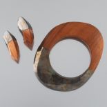 Artisan Sterling Silver and Exotic Wood Pair of Ear Clips and Bangle
