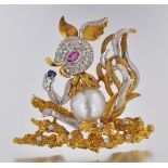 18k Gold, Pearl, Diamond, and Ruby Squirrel Brooch