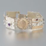 Owen Artisan Sterling Silver, Carved Moonstone, Color Tourmalines, Amethyst and Garnet Bracelet