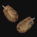 Pair of Ruby and Diamond Feather Brooches