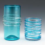 Blenko Vintage Art Glass Two Cylindrical Azur and Clear Glass vases with AppliquÃ©