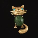 Retro Gold Jade and Turquoise Cat Brooch