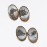 Victorian Rare 14k Gold, Hand Painted Cameo Carved Mother-of-Pearl Hunting Pair of Cufflinks