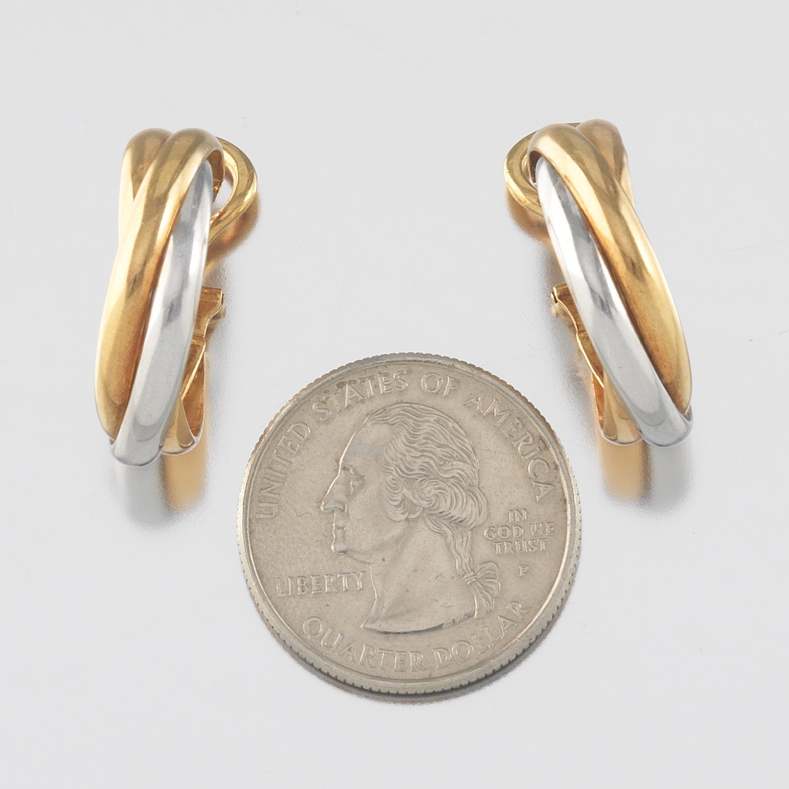 Pair of Cartier-Style Trinity Gold Hoop Earrings - Image 2 of 7
