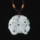 Chinese Carved White Green Jade Guardian Foo Lion with Pup Pendant on Braided Cord