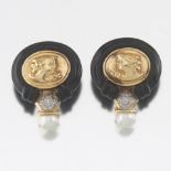 Onyx, Gold Cameo, Diamond and Pearl Earrings