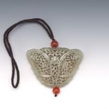 Chinese Carved Jade Double Sided Moth/Butterfly Meditation Ornament, On Silk Cord with Carnelian Be