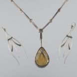 Ladies' "JB" Designer's Sterling Silver and Oversized Amber Topaz Necklace and Pair of Fringe Earri