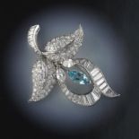 Platinum, Aquamarine and 17.40ct Total Diamond Floral Pin/Brooch