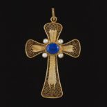 Gold Vermeil Sterling Silver, Lapis Lazuli and Pearl Filigree Cross