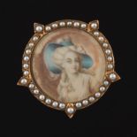 Vintage Brooch with Miniature Portrait of Lady in A Blue Hat