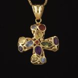 Ladies' Italian Gold and Multigem "Tutti-Frutti" Cross on Box Chain